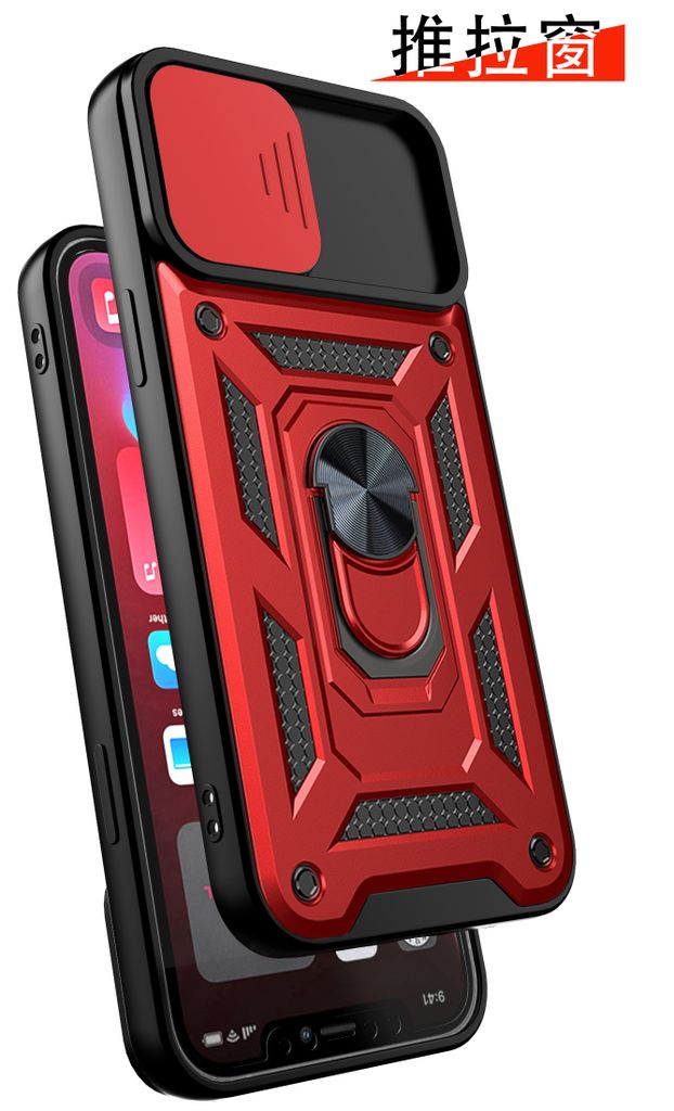 A red and black iPhone case with a ring stand and camera cover.