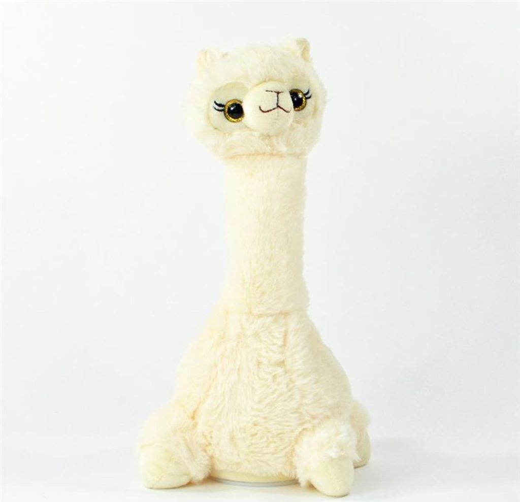 A plush toy llama is shown against a plain white background.