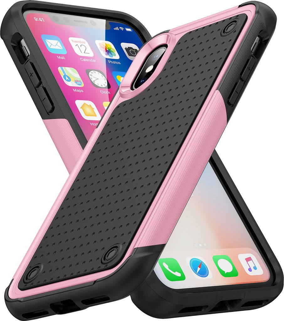 Für iPhone XS /iPhone X Hülle Militärqualität Stoßfest Hybrid 2 in 1 Hart PC Weich TPU Handyhülle Pink Schwarz