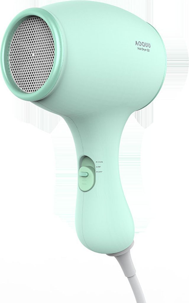 A light green hairdryer is shown against a white background.