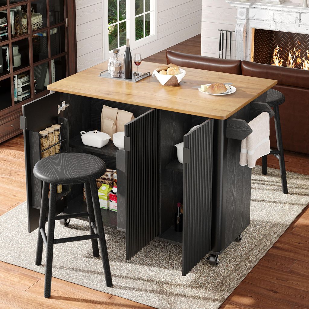 Flieks Speisewagen mit klappbarer Arbeitsplatte, Kücheninsel mit Schrank, Esstisch Bartisch 130x45-75x92 cm, Buffetschrank mit Rollen, schwarz