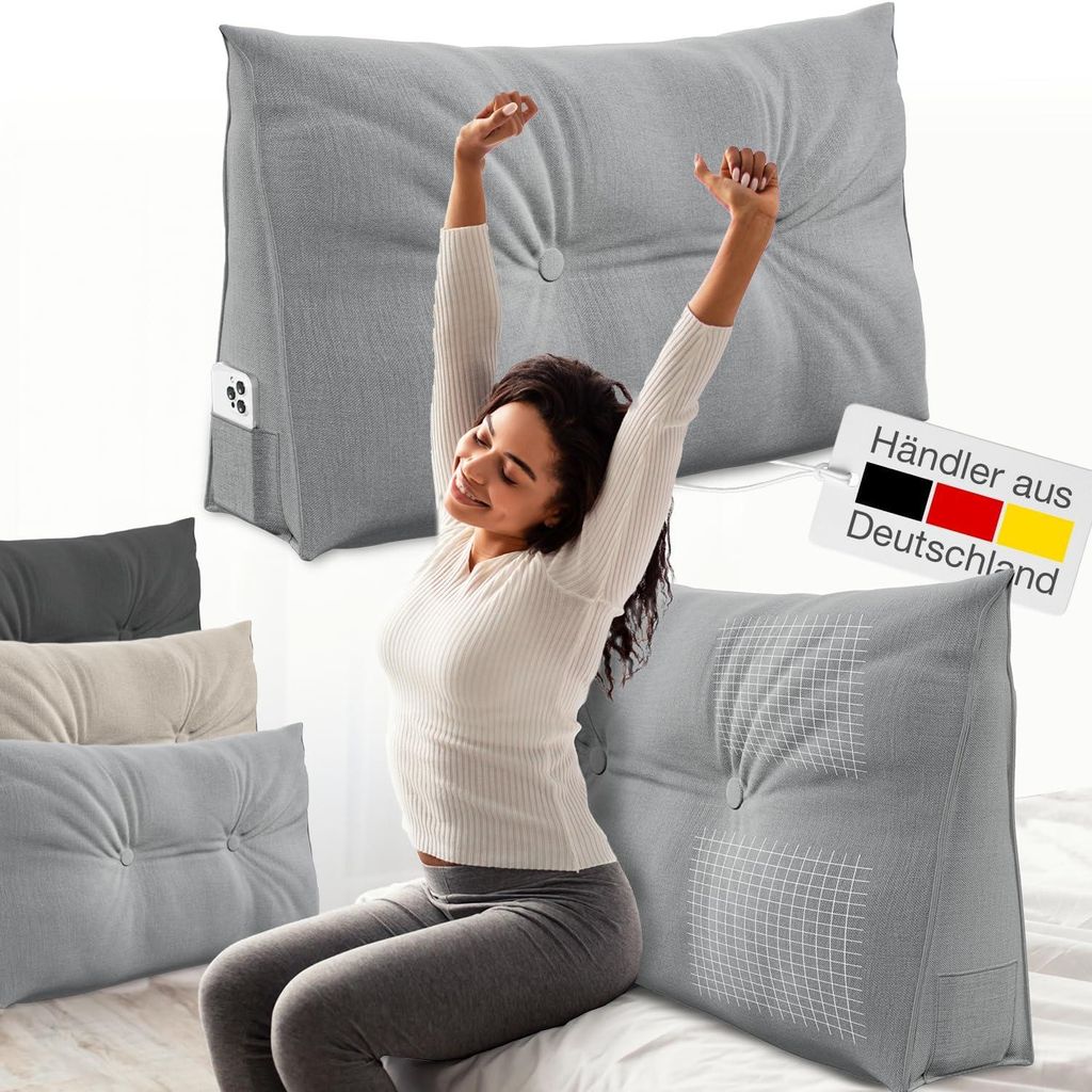 ELONEO Rückenkissen 90 cm breit, Keilkissen für Bett und Sofa geeignet, dreieckiges Lesekissen, Kissen mit abnehmbarem und waschbarem Bezug