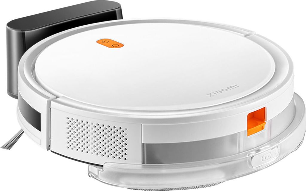 A white Xiaomi robot vacuum cleaner with orange accents and a black charging dock is shown against a white background.