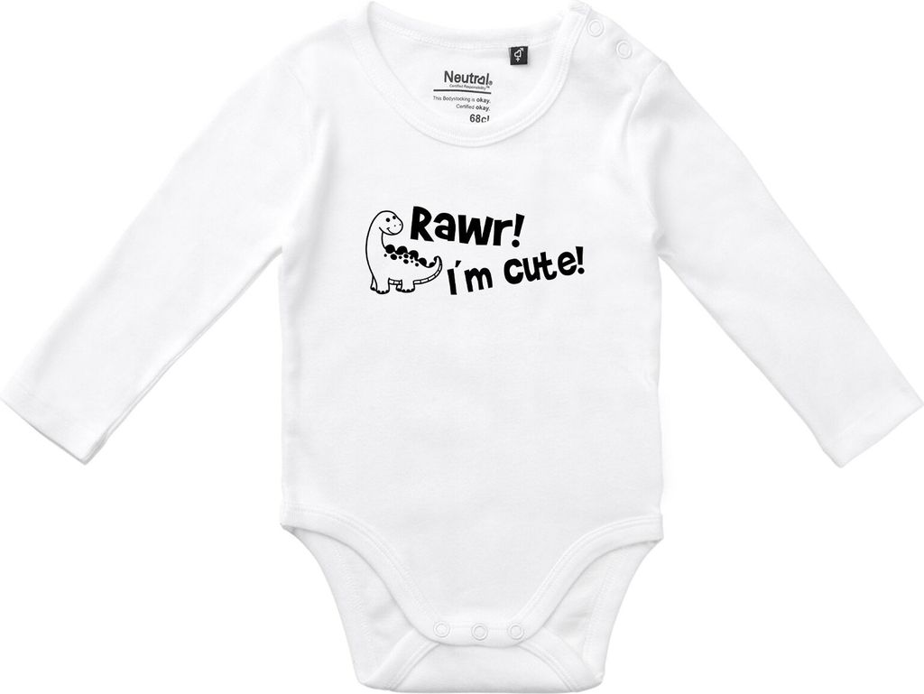 Huuraa Baby Body Brachiosaurus I`m cute 62 White Baumwolle Fairtrade Langarmbody Geschenkidee