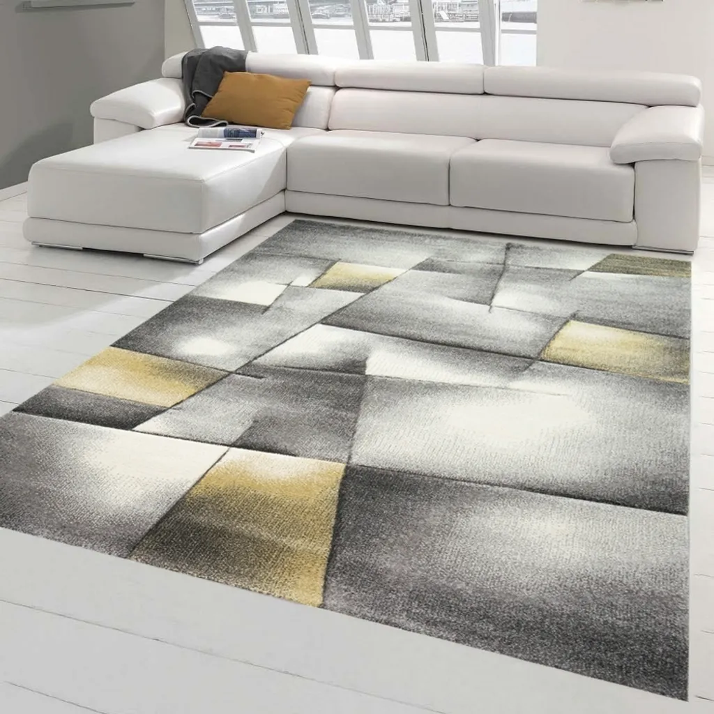 Tapis de Salon Court Pastel Jaune Gris 60x110 cm - Texture Douceur