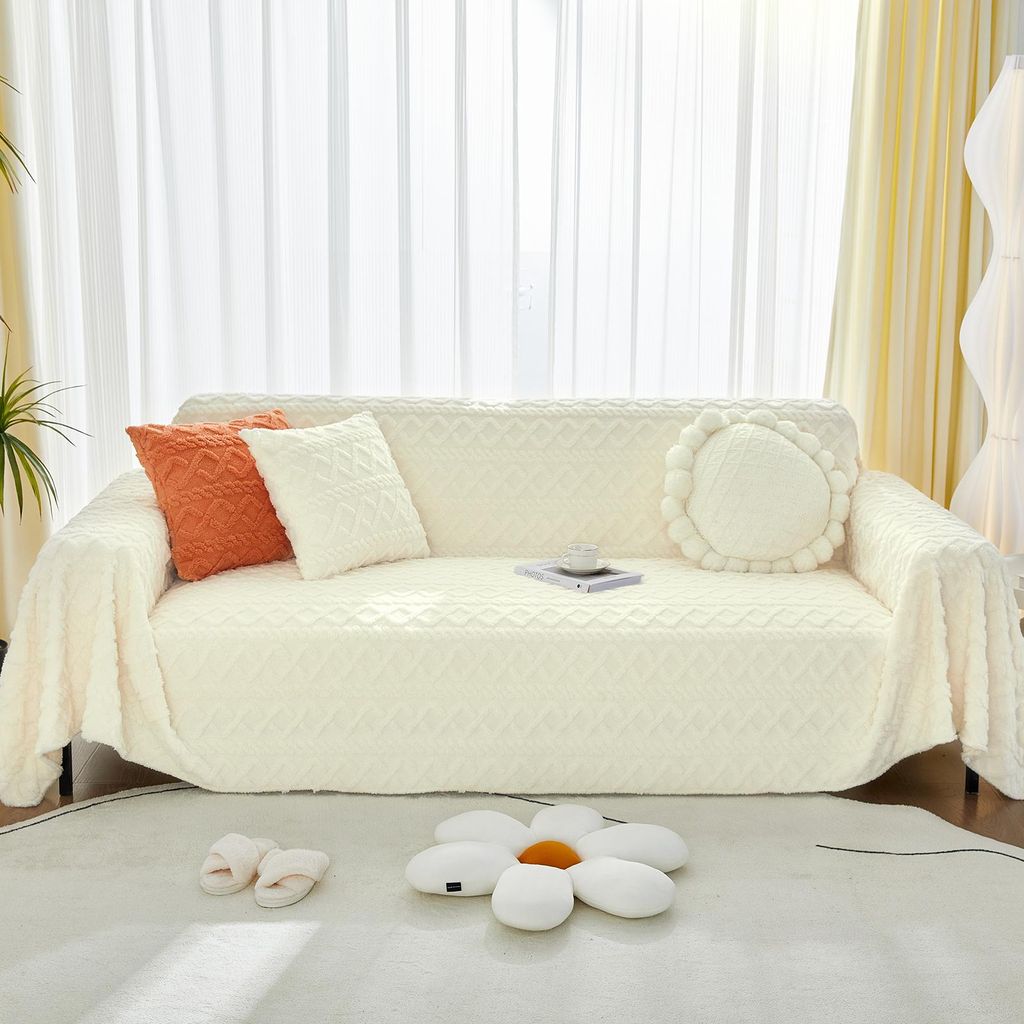 Sofadecke Geometrischer Jacquard Kuscheldecke Wohndecke Überwurfdecke Tagesdecke Sofabezug Sofaüberwurf, 180x260cm, Beige