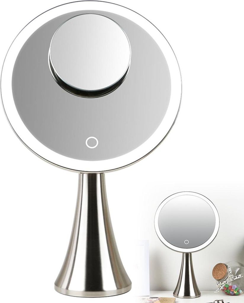 9-Zoll-Schminkspiegel mit Beleuchtung, 5-facher Vergrößerung, 360°-Drehung und drei Helligkeitsstufen – ideal für Make-up und Hautpflege.