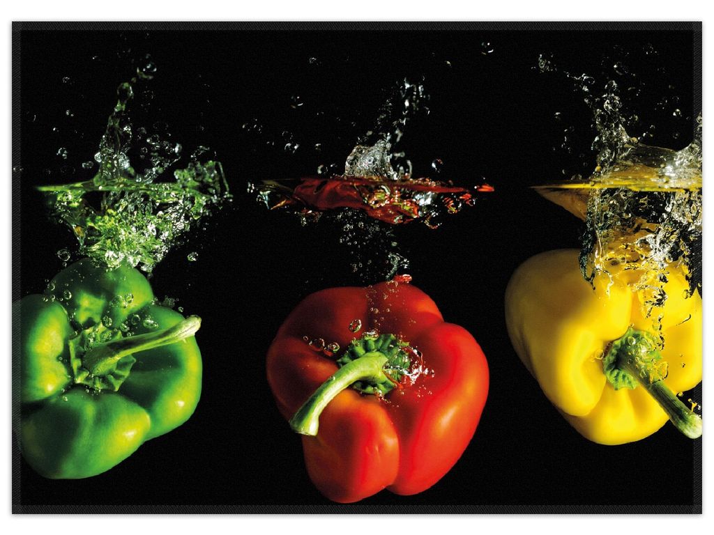 Wallario Premium Teppich, Größe 50 x 70 cm, Bunte Küche Paprika in rot gelb orange und grün im Wasser