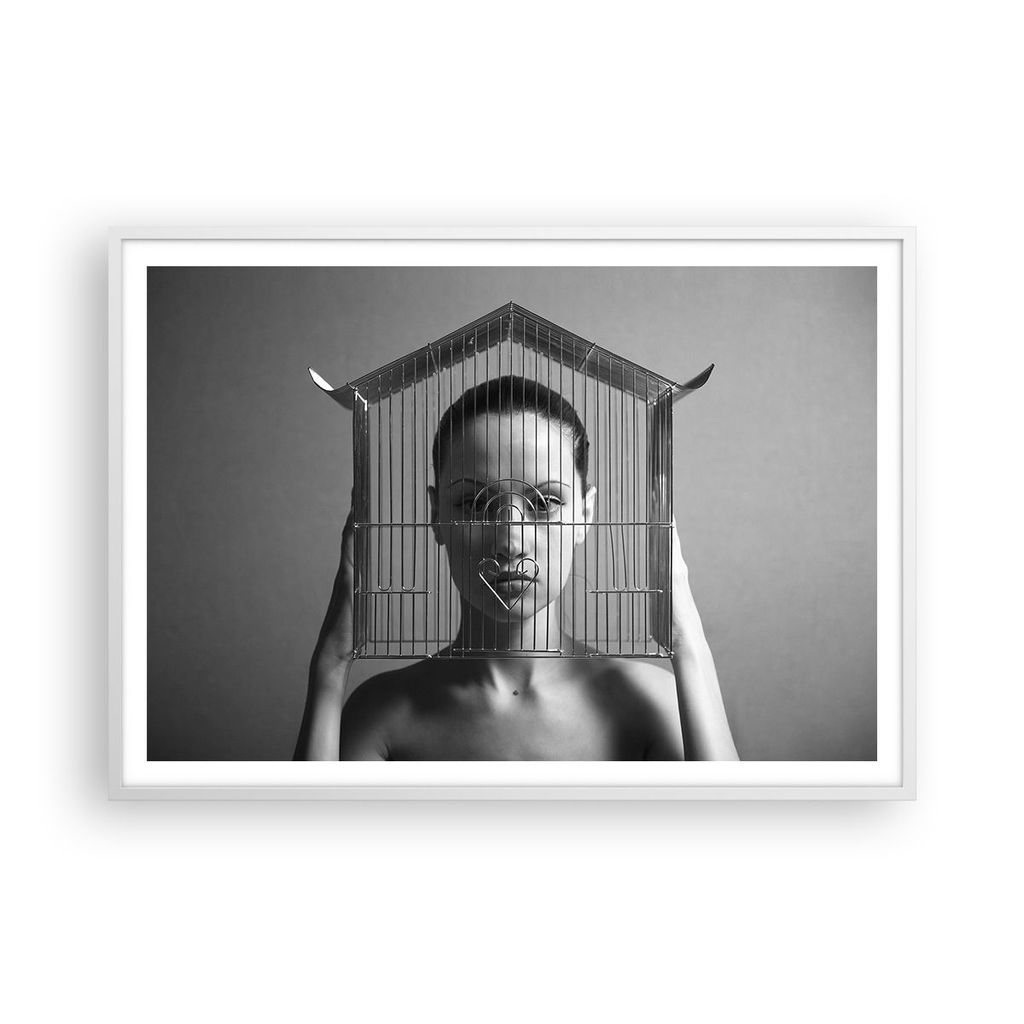 Gerahmtes Poster - Weißer Rahmen - Schwarzweiß Frau Käfig - 100x70 cm - Wand Bild - Wanddeko - Wandbilder - Kunstposter - Wandposter - Bilderrah...
