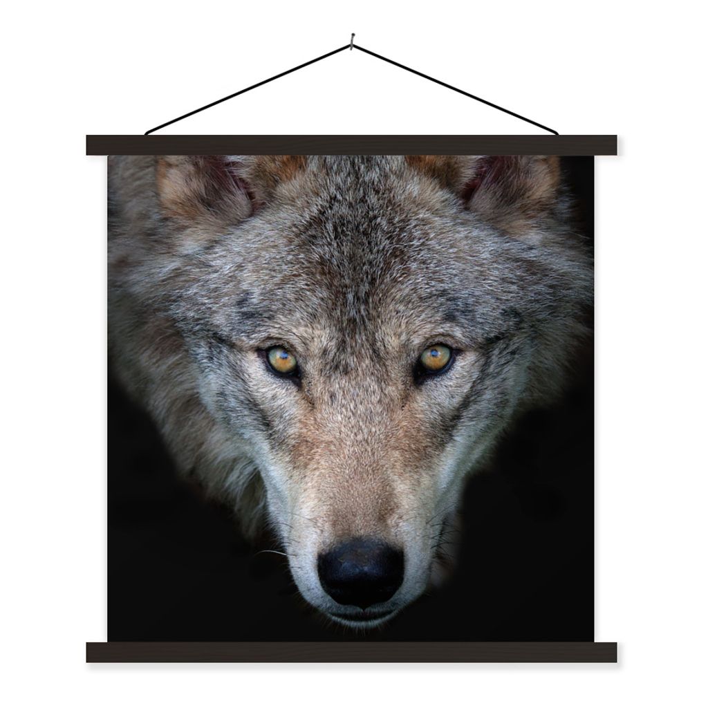 MuchoWow Textilposter Wolf - Porträt - Schwarz 40x40 cm mit schwarzem Rahmen - Fotos