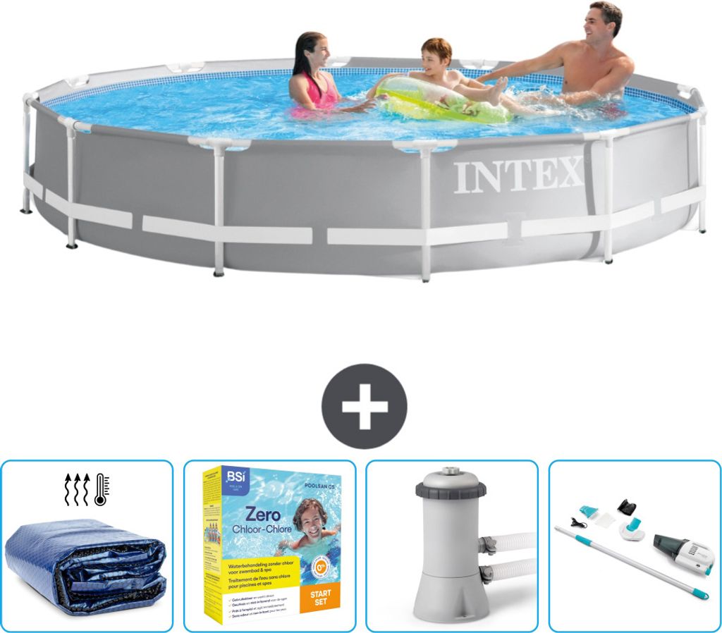 Intex Pool mit rundem Prismenrahmen – 366 x 76 cm – Grau – im Lieferumfang enthalten Sonnensegel - Wartungspaket - Filterpumpe für Schwimmba...