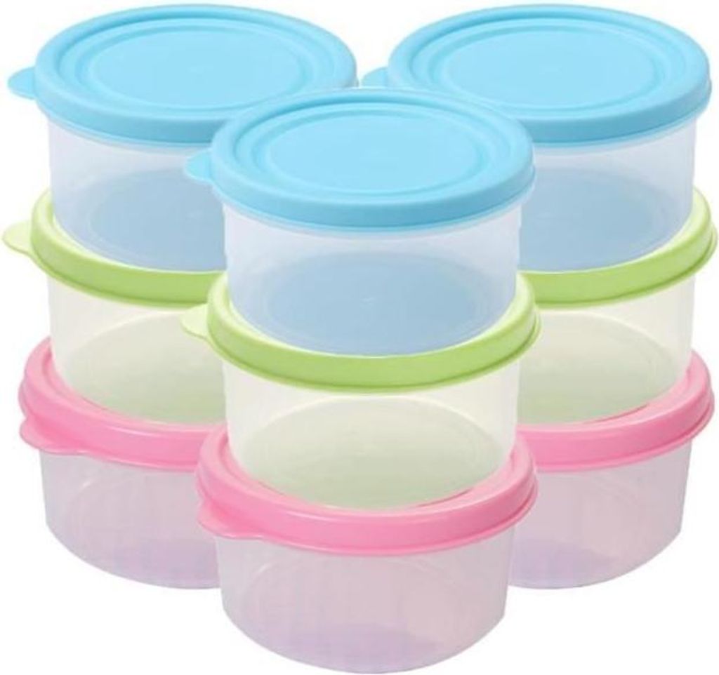 Set mit 9 kleinen Aufbewahrungsdosen mit Kunststoffdeckeln – Gelb, Blau, Rosa – 160 ml – Stapelbar