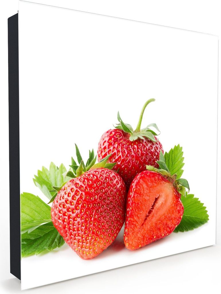 Nachbildung-Schlüsselkasten, Magnetpinnwand und Memoboard mit Glasfront Motiv Drei Erdbeeren mit Blättern