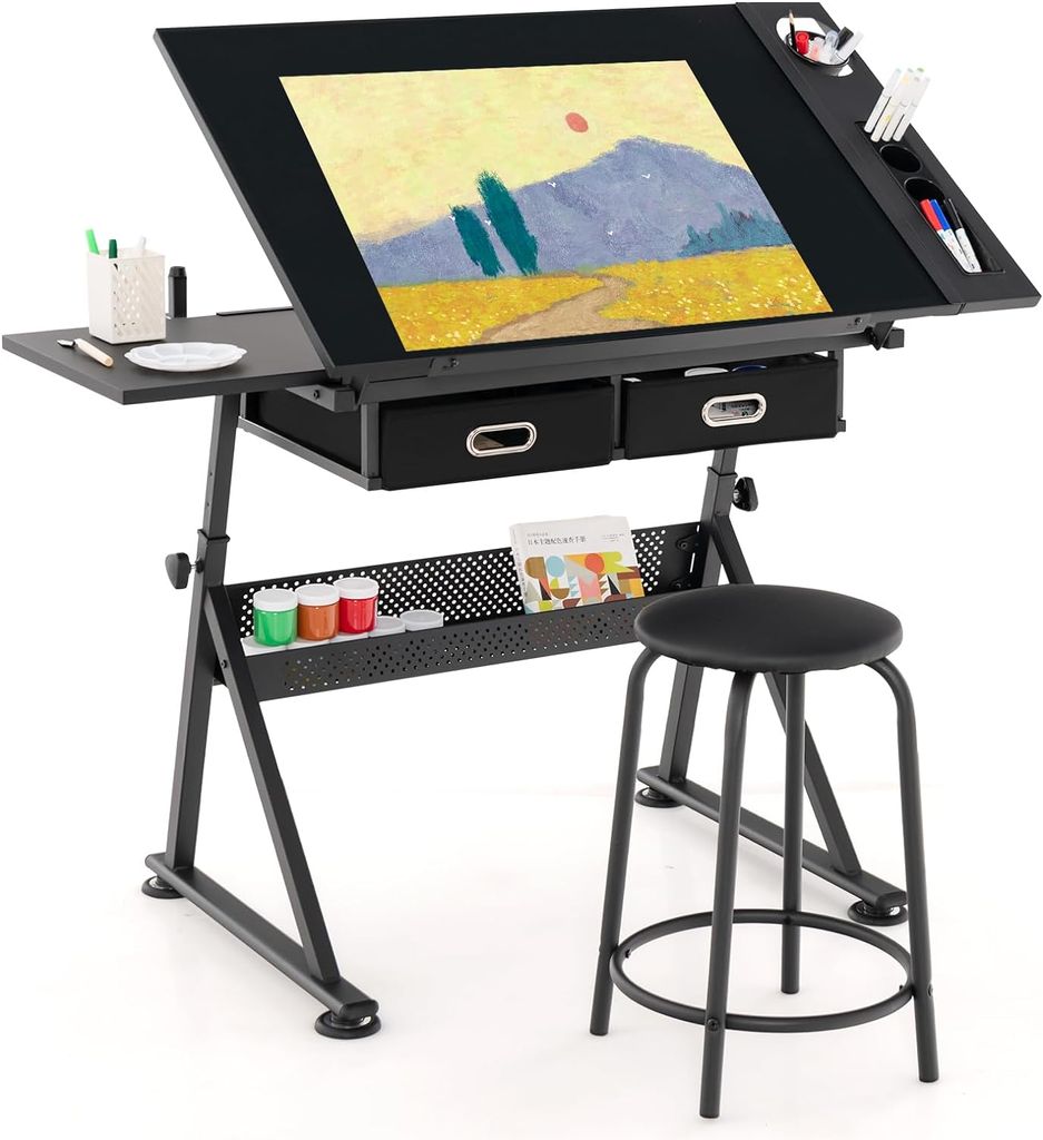 GOPLUS Zeichentisch Neigungsverstellbar & Höhenverstellbar, Schreibtisch mit Hocker & 2 Schubladen, Architektentisch, Bürotisch