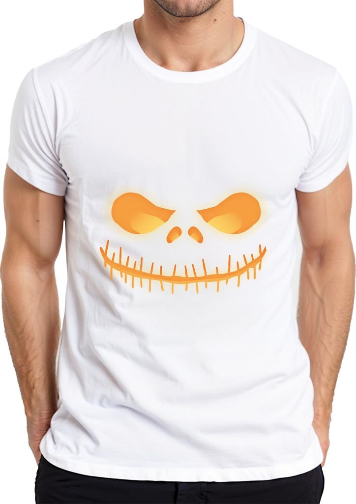Halloween Grinsender Totenkopf Leuchtend Neon Gelb Horror Glühend Herren T-Shirt, Weiß, L