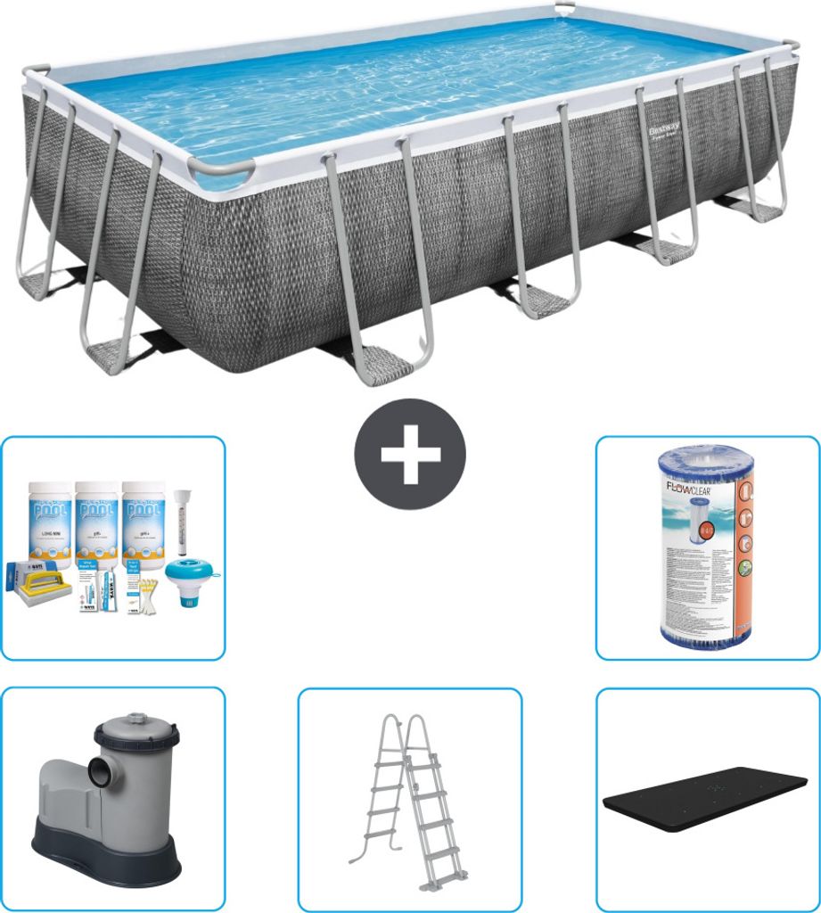 Bestway rechteckiges Power Steel-Schwimmbecken – Rattan-Druck – 549 x 274 x 122 – inklusive Pumpe – Leiter – Abdeckung Wartungspaket - Fi...