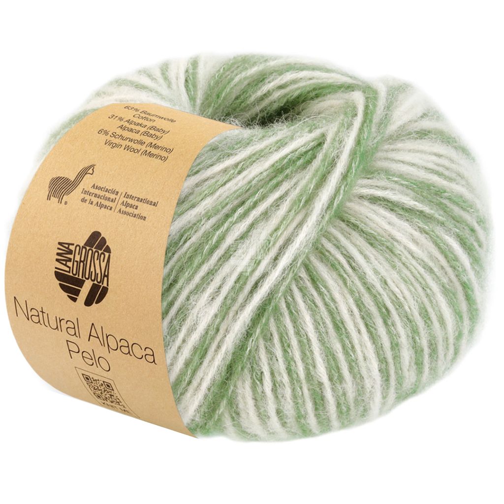 A ball of yarn with green and white stripes.