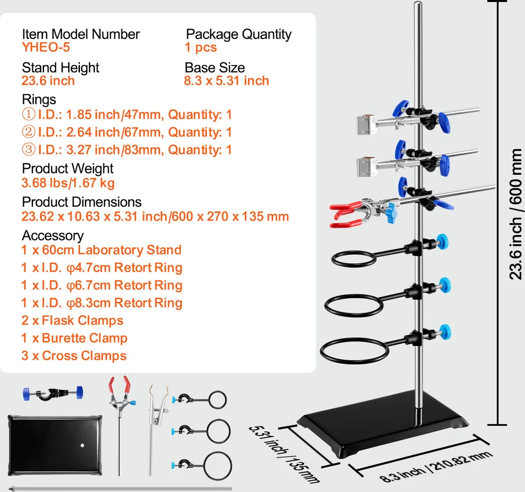 SucceBuy set di stativi da laboratorio, stativo da laboratorio con asta in acciaio inox da 23,6 e base in ghisa da 8,3 x 5,3, comprensivo di morsetti per matracci, morsetti per tavole e morsetti a croce per esperimenti - 7