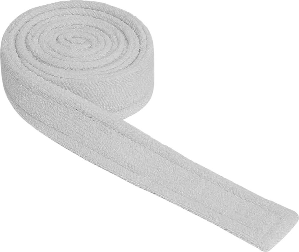 A white terry cloth belt for a bathrobe, rolled up on one end and extending straight.