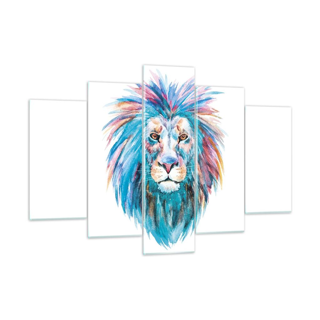 Bilder auf glas - 5 Teile - Bunt Löwe Mähne - 150x100cm - Glasbilder - Wandbilder - Bilder - zum Aufhängen bereit - Wanddekoration aus Glas - Gl...