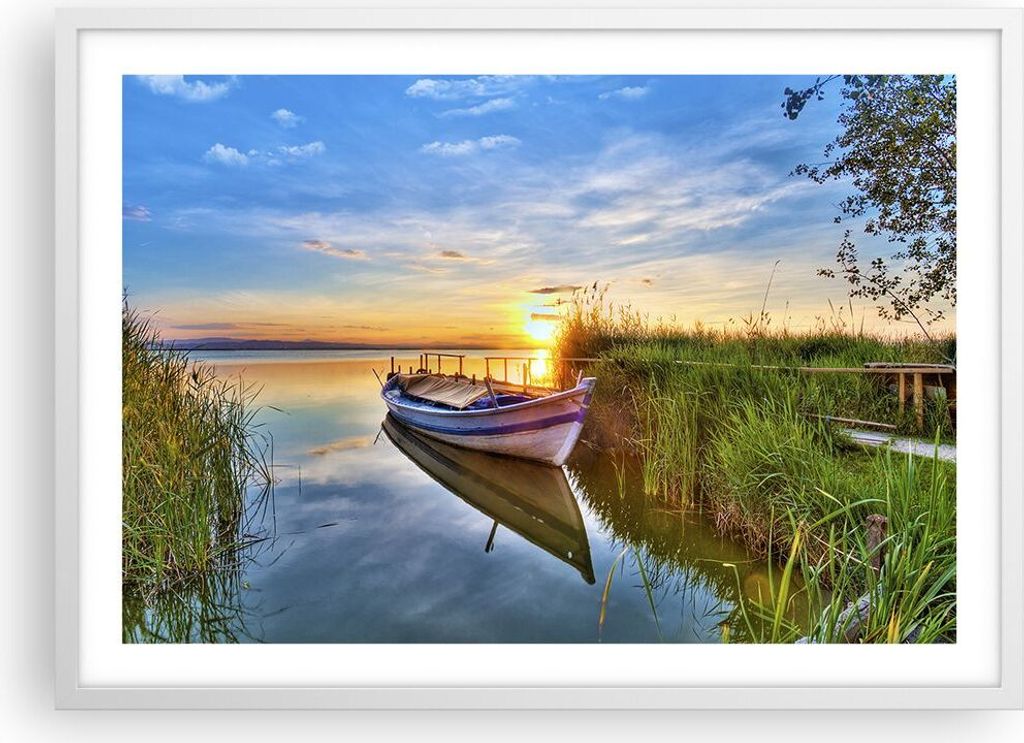 Gerahmtes Poster - Weißer Rahmen - See Boot Wasser - 70x50 cm - Wand Bild - Wanddeko - Wandbilder - Kunstposter - Wandposter - Bilderrahmen - Bild...