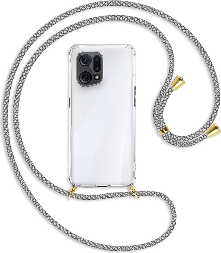 Handykette Backcover-Schutzhülle mit Band (Metall goldfarben) für Oppo Find X5 - weiß/grau kariert
