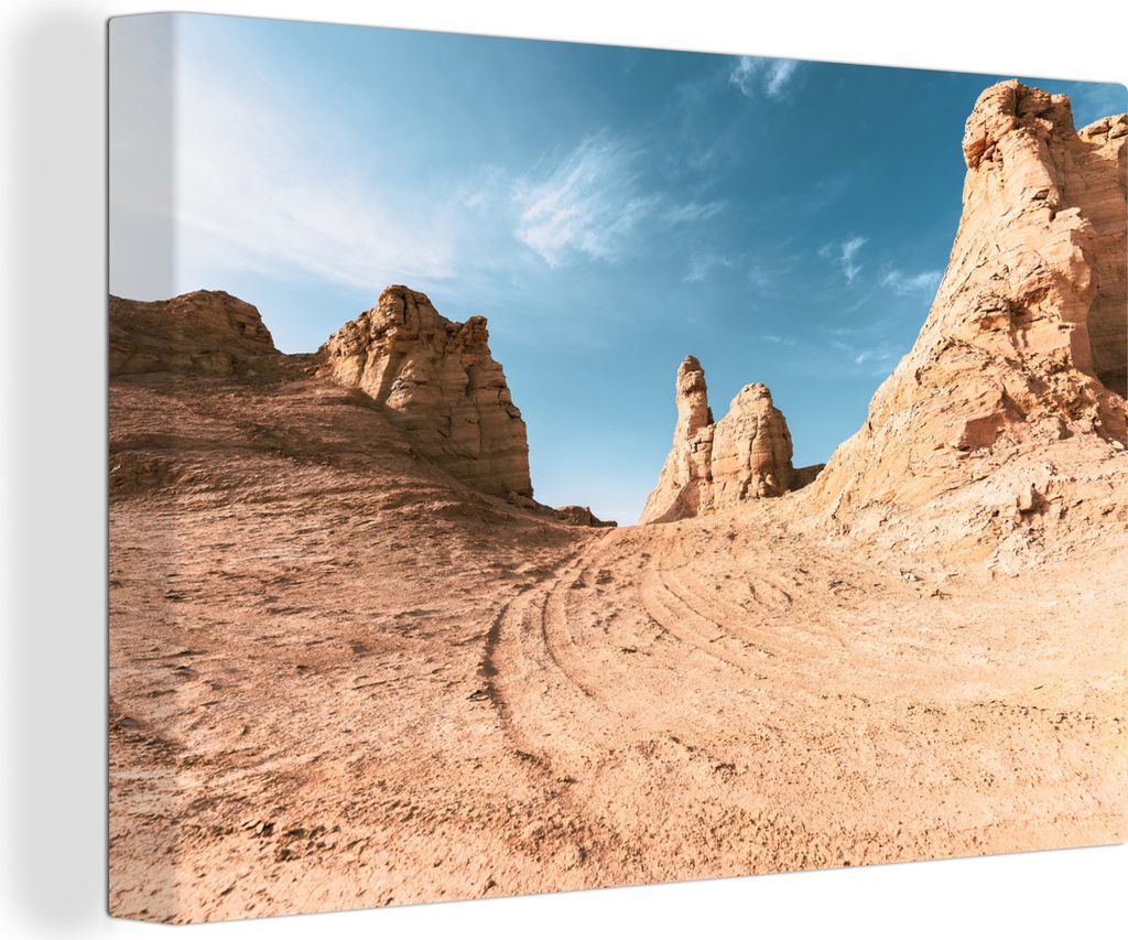 OneMillionCanvasses - Leinwandbilder - 140x90 cm, Reifenspuren in der Wüste, Wandbilder Kunstdruck Wanddekoration