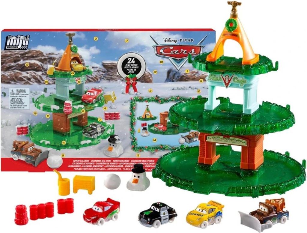 A Disney Pixar Cars themed advent calendar with a Christmas tree-like structure and toy cars.