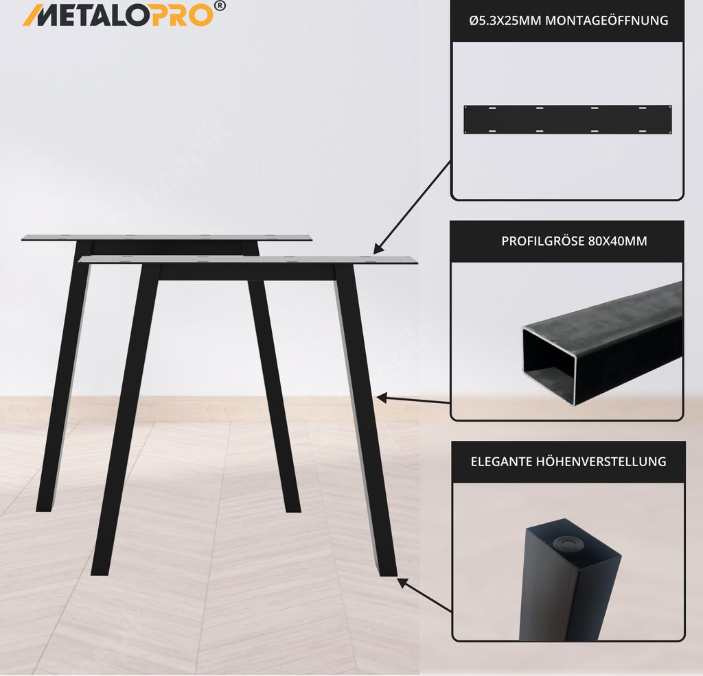 MetaloPro 2 Stück Tischbeine-Metall Schwarz 72cm I Produktbild 3