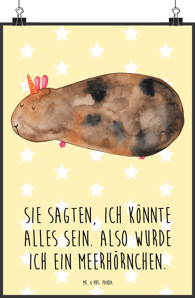 Mr. & Mrs. Panda Bild Einhorn Meerschweinchen DIN A2 - Gelb Pastell - Geschenk, wanddeko, Unicorn, Einhörner, Meerhörnchen, Wandbild, Wanddekorat...