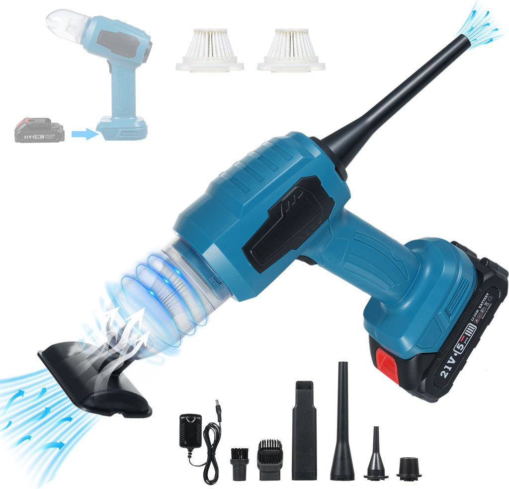 4in1 Staubsauger 120W 16000PA mit Saug-, Blas-, Aufblas- und Pumpfunktion, 6Düse, 3Filterdüse, 2Bürste, 1500mAh Akku, für Auto Zuhause Büro Ha...