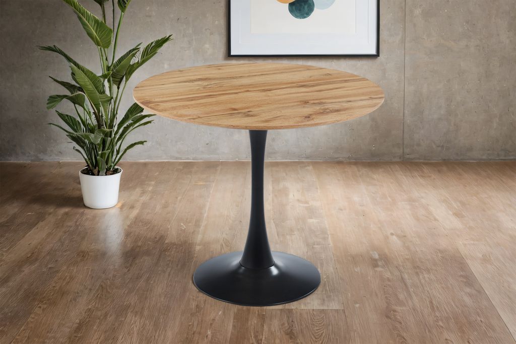 Refurbished Möbelretoure Esstisch 80 cm rund Gerade Kante Säulentisch Holz Wildeiche-Optik Tulpenfuß schwarz STOCKHOLM