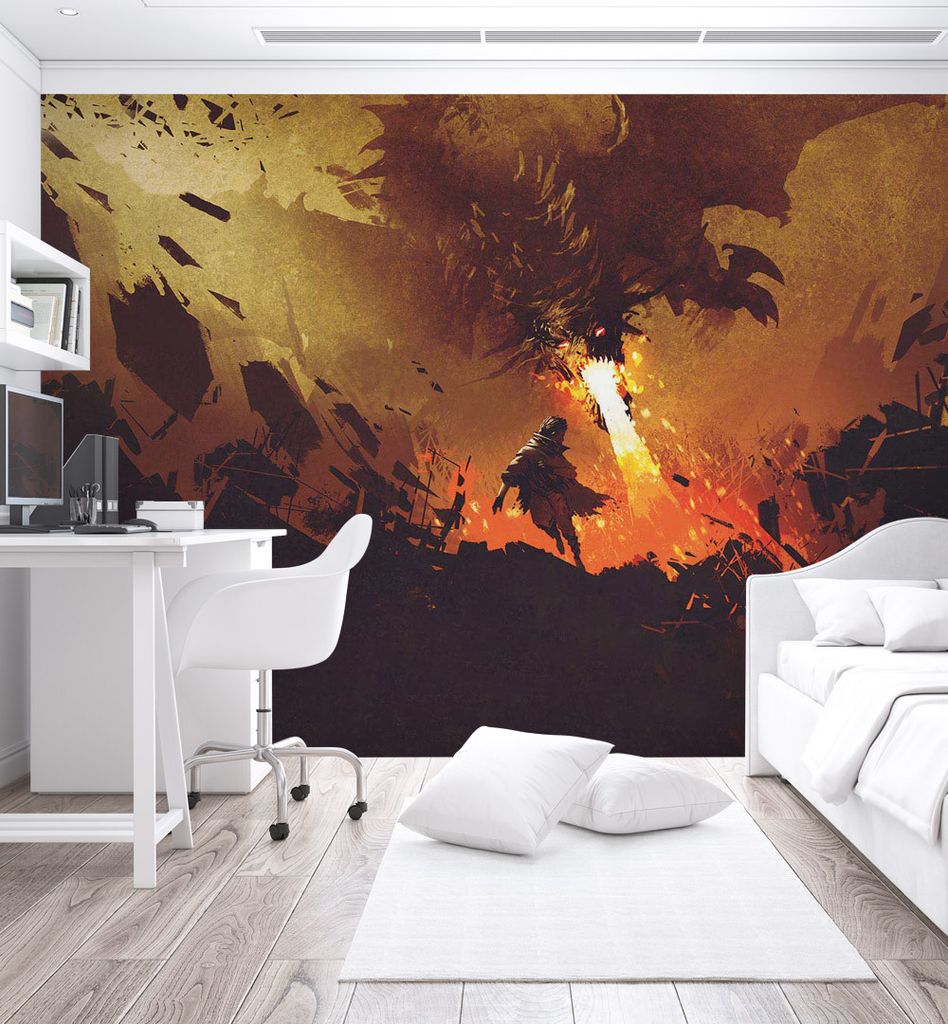 Fototapete Drachenfeuer zerstört Stadt, Material:Superior Vlies 350g/qm, Größe Tapete:260 x 260cm