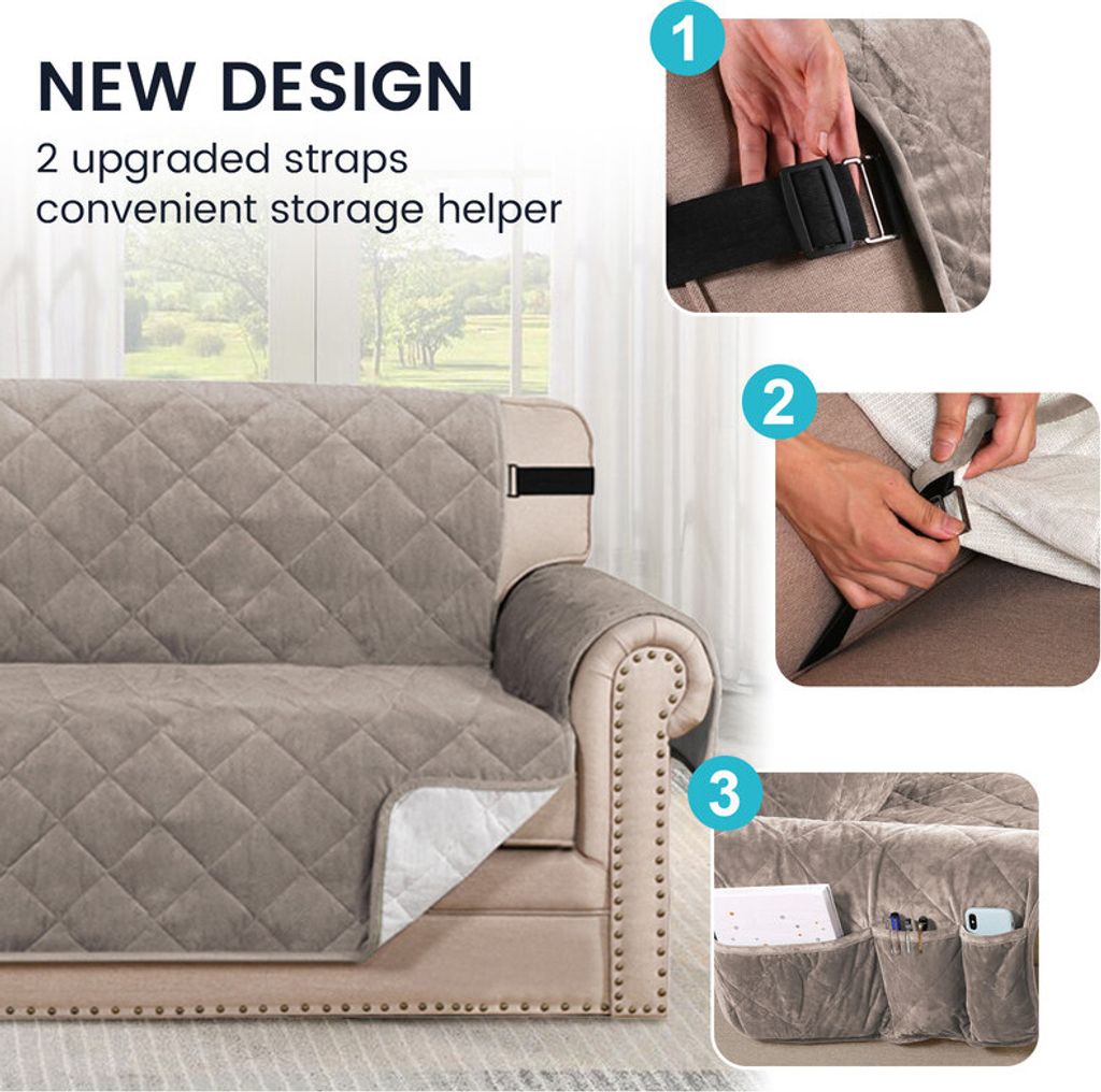 (4 Seater, Graubraun) Sofabezug Gesteppter dicker Samtplüsch-Couchbezug für Sessel Schonbezug Schutz vor Haustieren Hunde, rutschfest zwei elasti...