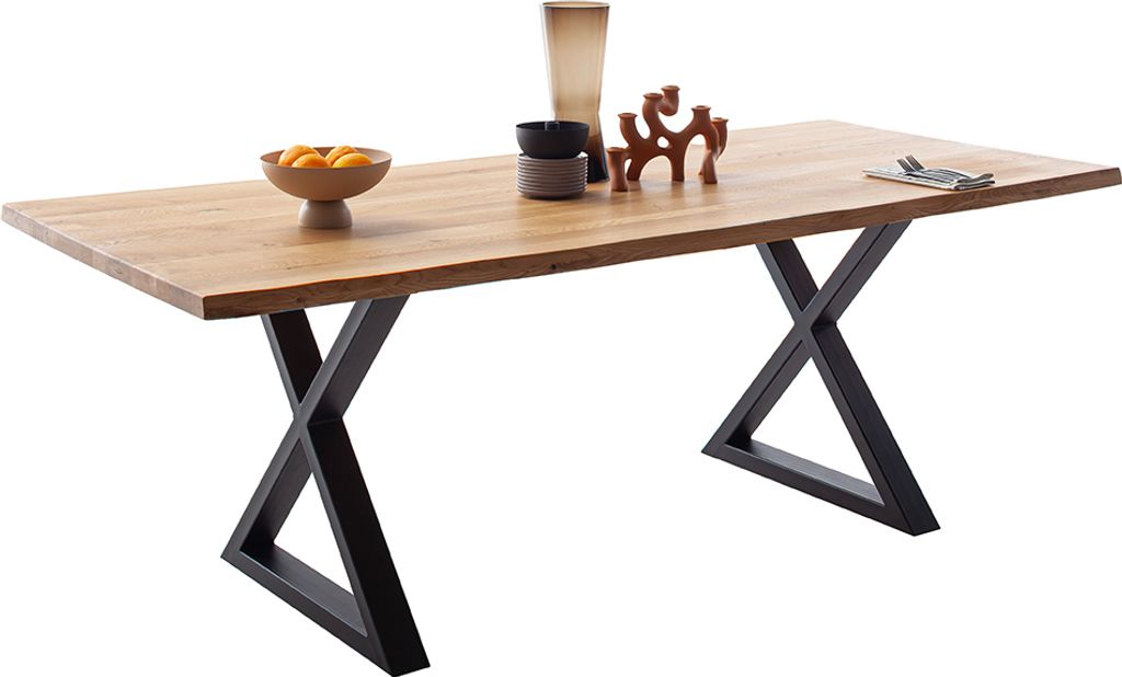 Massivholz-Esstisch 180x100 cm in Wildeiche massiv geölt mit X-Gestell und Baumkantenoptik - DEWEY-06