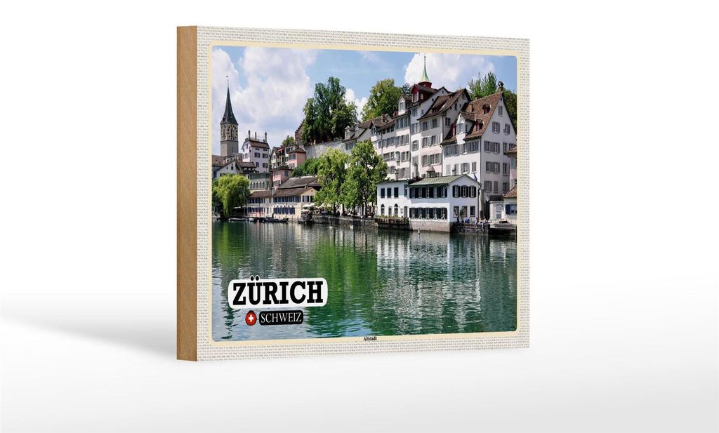 Holzschild Reise Zürich Schweiz Altstadt Fluss 18x12 cm Produktbild 