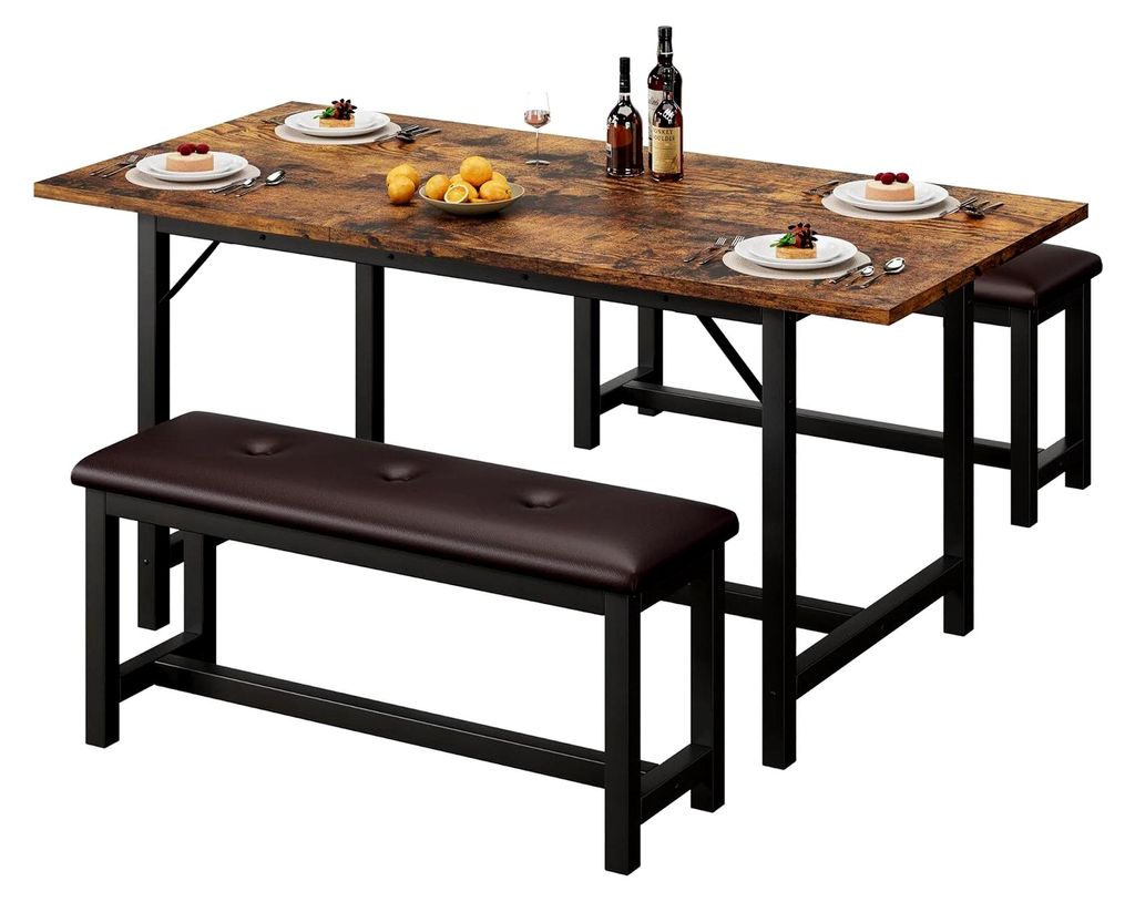 63" Ausziehbares Esszimmertisch-Set für 4–6 Personen – 3-teilig mit großem rechteckigem Tisch und 2 gepolsterten Bänken – Robuster Metallr...