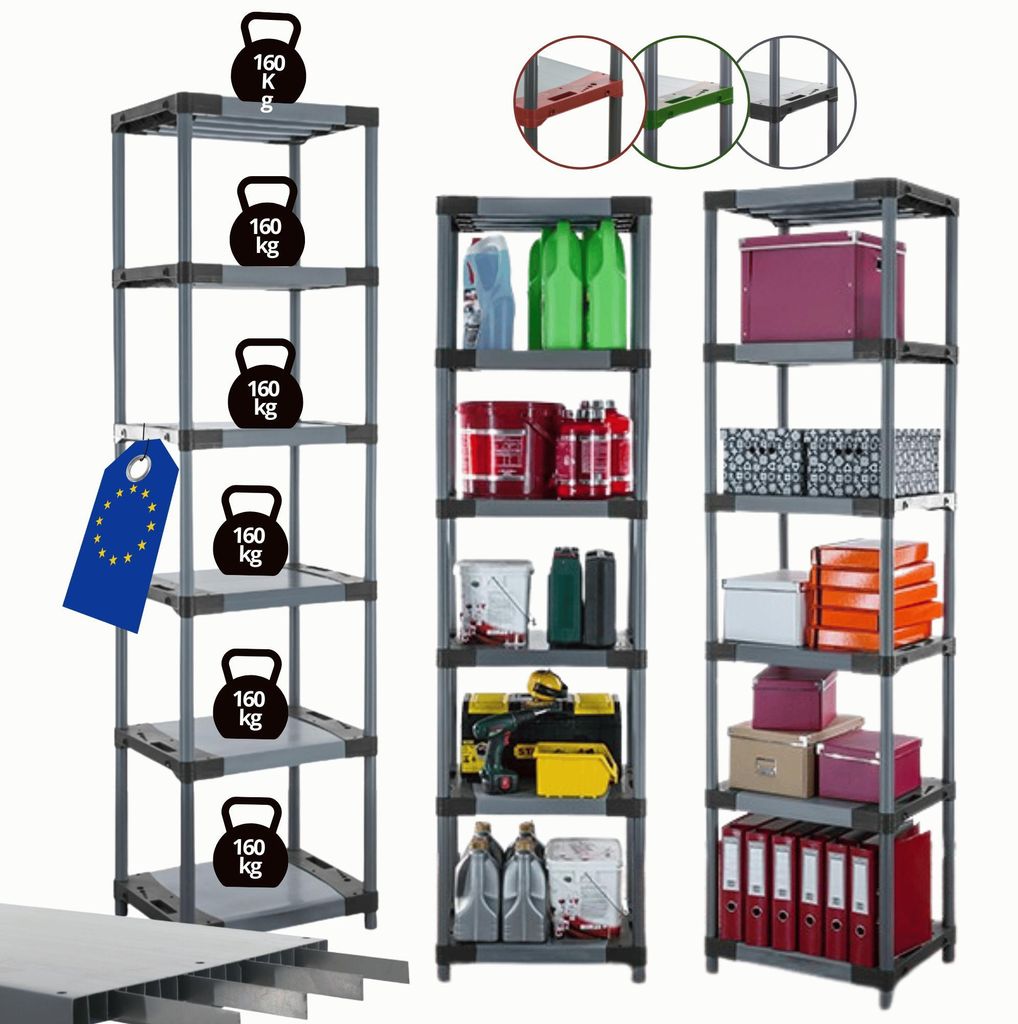 MODO24 Kunststoffregal, 6 Ablagen, 160kg/Boden, Schwerlast, Steckregal, Lagerregal, Plastikregal, Werkstatt, 222x80x46?cm, Grau, TYTAN