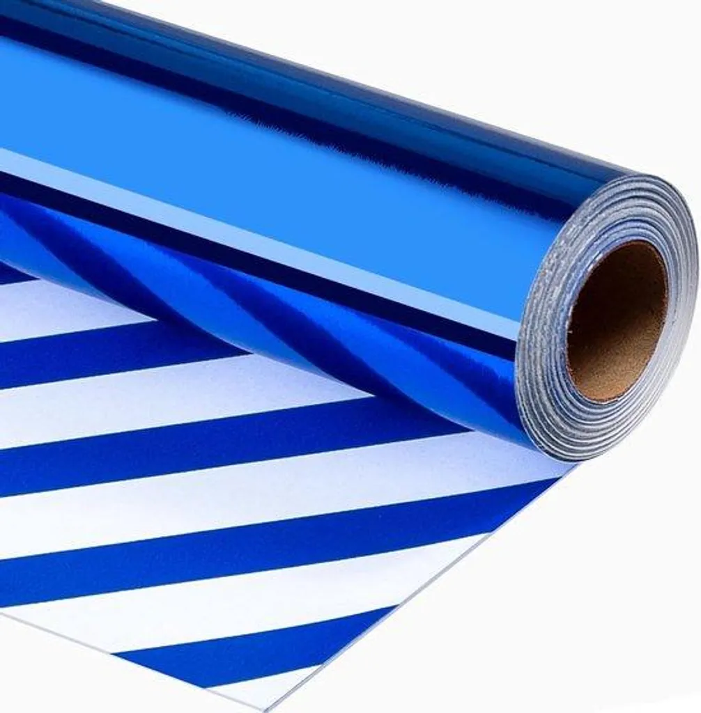 Papier cadeau bleu métallisé réversible uni et rayé - Format 10 mètres
