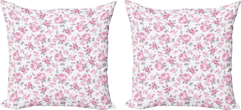 ABAKUHAUS Shabby Flora Kissenbezug Set (2Stück), Rosa Rosen mit Grey Leaves Garten Beetpflanzen Frühling Blüten, 50 x 50 cm, Pale Pink Weiß Grau