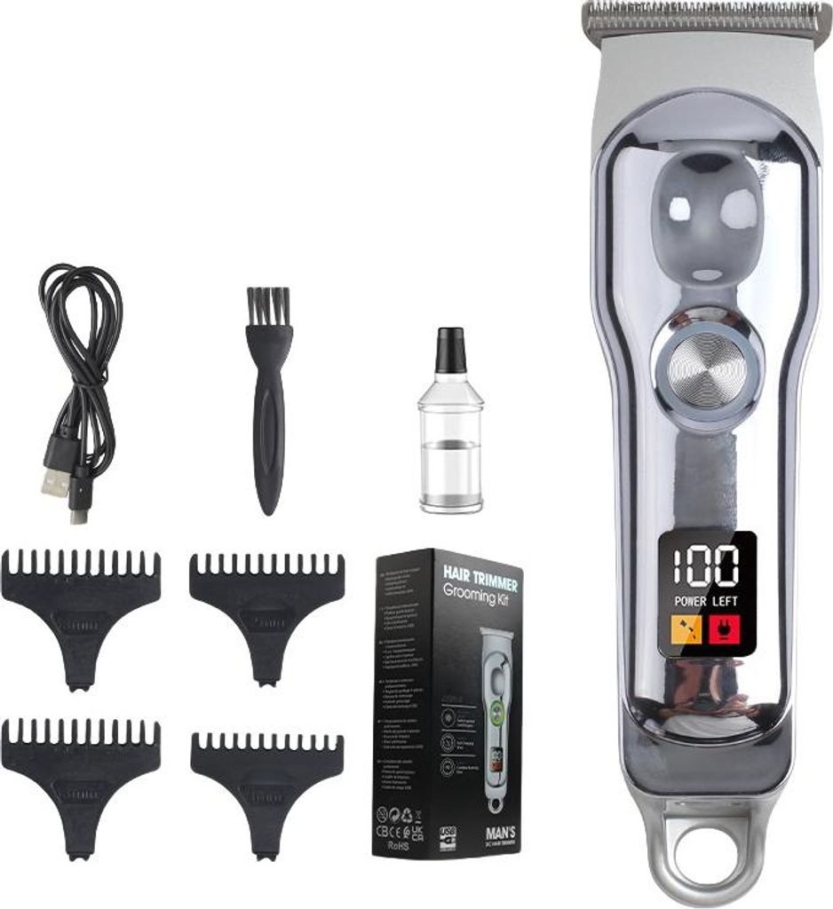 INF Elektrischer Haarschneider für Herren: Aluminiumlegierung, LED, 6-teilig Silber