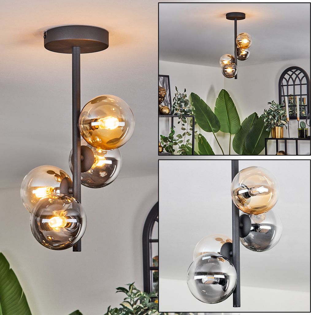 Isorella Deckenlampe aus Metall/Glas in Schwarz/Bernstein/Rauchfarben/Klar