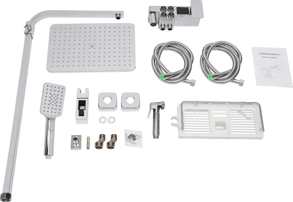 Set de robinetterie de douche argenté réglable avec 4 modes de jet d'eau