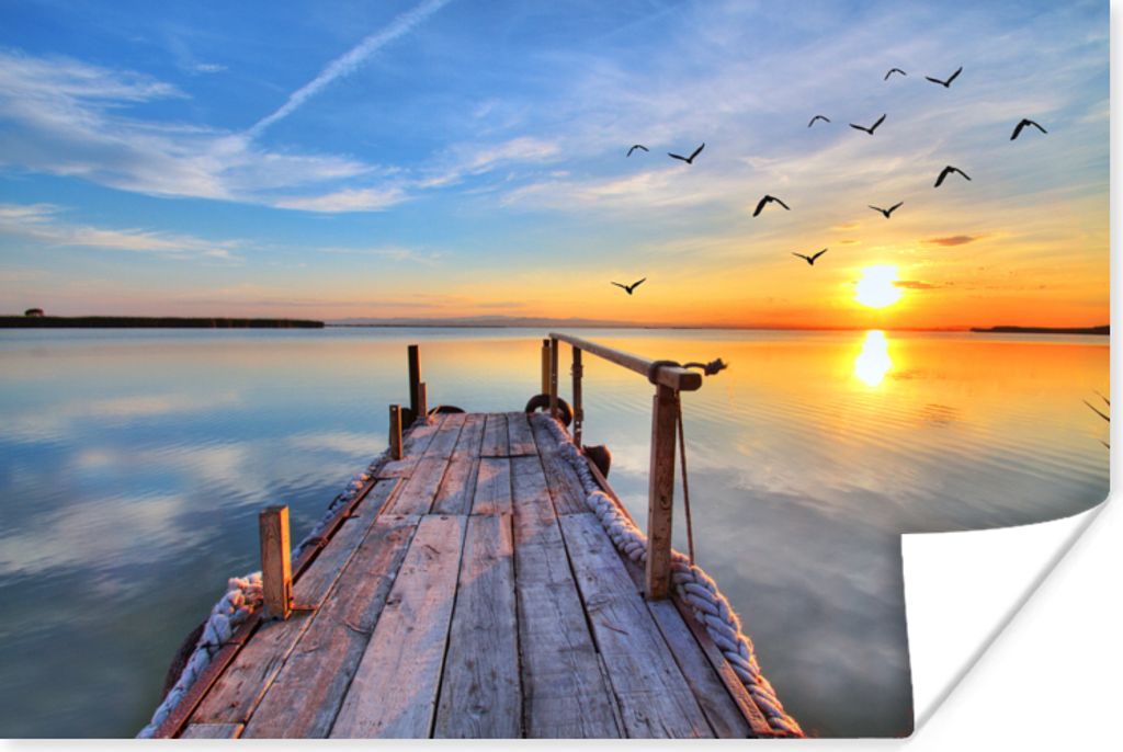 MuchoWow Poster Wasser - Steg - Vögel - Sonnenuntergang - Horizont 120x80 cm - Bilder
