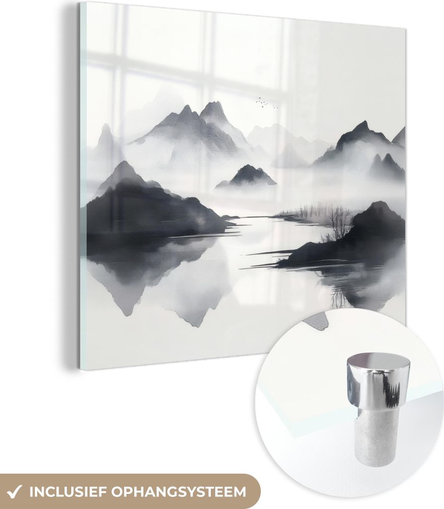 MuchoWow Glasbilder - Bilder auf Wandbild - Foto auf Glas Berge - Neblig - Wasser - Weiß 40x40 cm Wanddekoration aus Glas - Acrylglasbild - Acrylb...