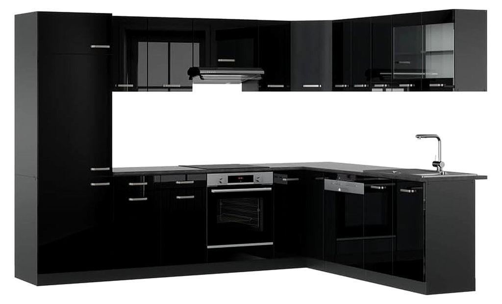 Eckküche R-Line, Schwarz Hochglanz/Anthrazit, 287 x 46 cm ohne Arbeitsplatte, zur individuellen Erweiterung mit kompatiblen Zusatzmodulen
