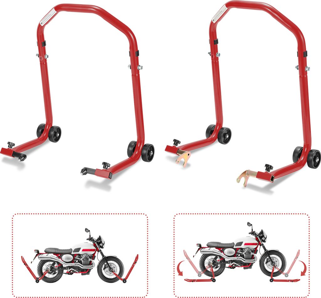 TolleTour Motorradständer 300 kg Montageständer für Vorne und Hinterrad | Adapter U-Type| Tragkraft Motorradheber Motorrad Rot