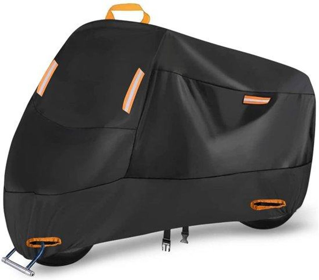 Motorradabdeckung Wasserfest 300D Oxford Motorradgarage mit 4 Leuchtfeldern und 2 Gittern, 2 Befestigungsklammern (XXXXL: 290x95x140cm)