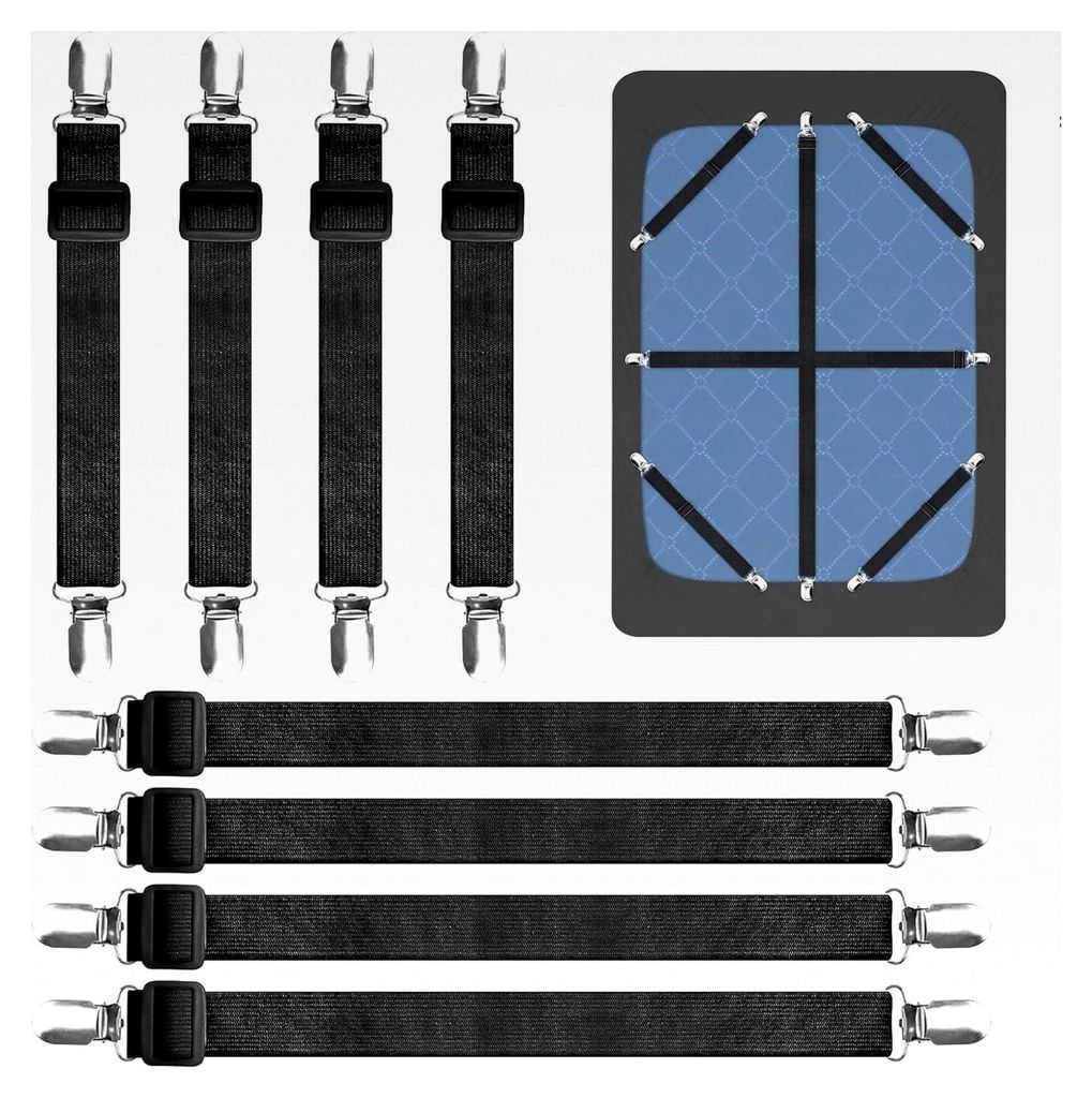 Verstellbare Bettlakenspanner, 8 Stück, 30 cm - 130 cm, Elastische Spanngurte für Bettlaken, Matratzen, Sofas und Bügelbretter (Schwarz)
