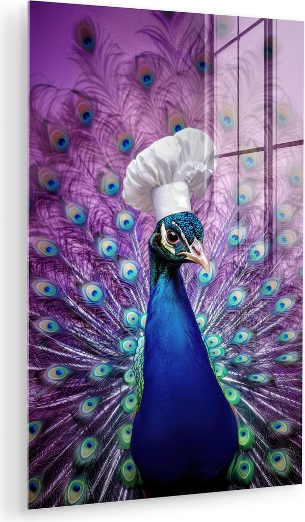MuchoWow Glasbilder - Bilder auf Wandbild - Foto auf Glas Pfau - Kochmütze - Cool - Lila 20x30 cm Wanddekoration aus Glas - Acrylglasbild - Acrylb...